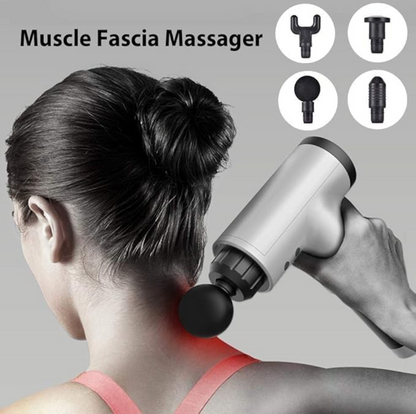 Premium Muscle Body Massager Gun with 6-speed, for Pain and Stress Relief with 4 Massage Head, Battery Powered Control (Silver)