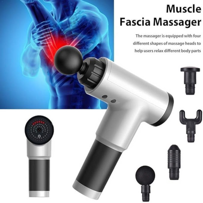 Premium Muscle Body Massager Gun with 6-speed, for Pain and Stress Relief with 4 Massage Head, Battery Powered Control (Silver)